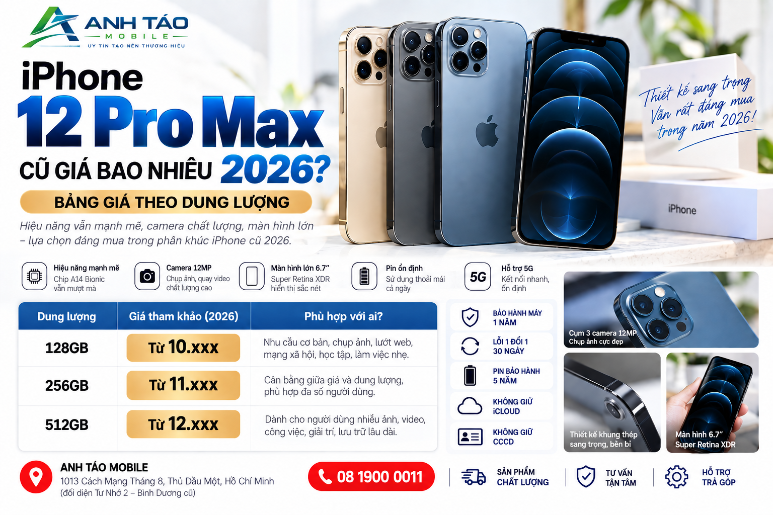 iPhone 12 Pro Max cũ giá bao nhiêu 2026? Bảng giá theo dung lượng